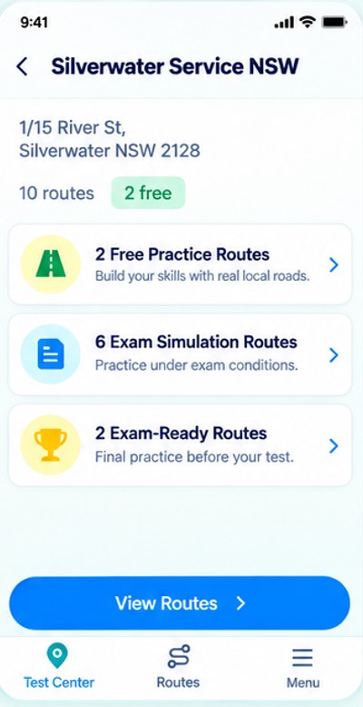 Prime Driving Test Routes practice mode selection screen