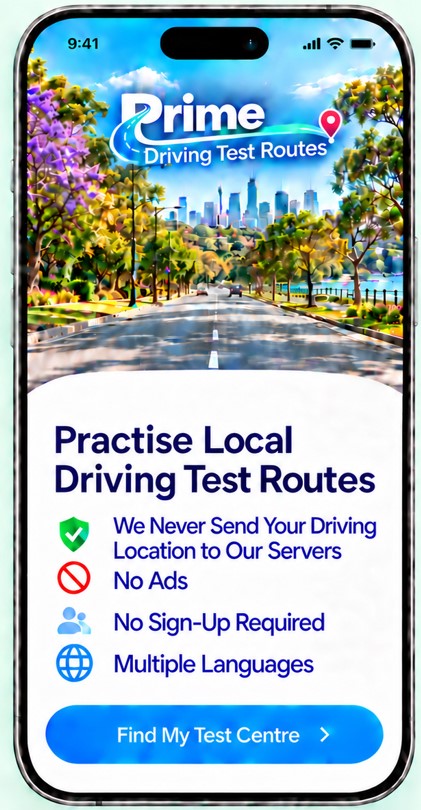 Prime Driving Test Routes app home screen